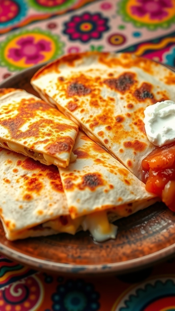 A crispy quesadilla filled with melted cheese, served with salsa and sour cream on a colorful table.